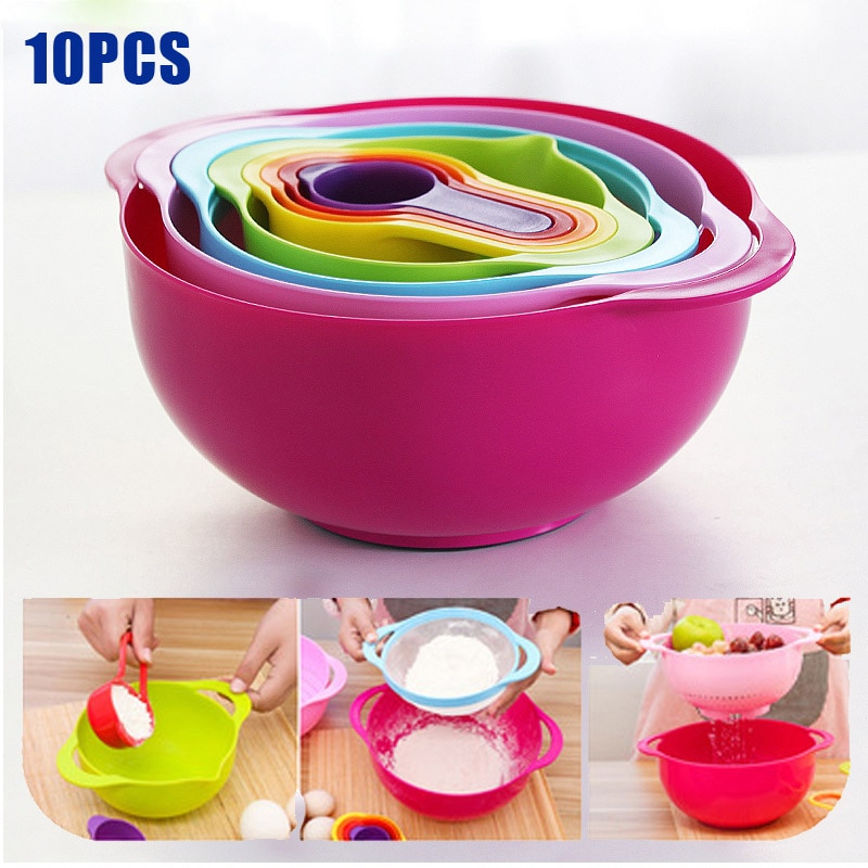 10 Pcs Mixing Rainbow Bowls Set Kitchen Bowl Set Salad Bowl Plastic Baking Measuring Cup Measuring Spoon Set Kitchen Gadgets