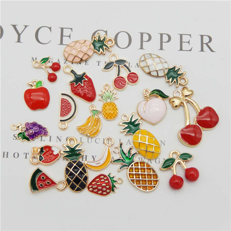 Julie Wang, 20 Uds., amuletos de fruta esmaltados, manzana mezclada, piña, cereza, fresa, tono dorado, fabricación de joyas de aleación, accesorio