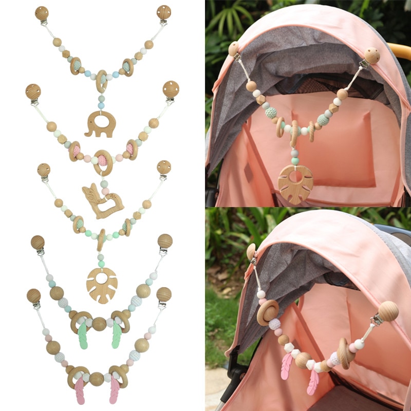 Pram Chain with Clips Nature Wooden Pram String Clips Mobile Pram Rattle Stroller Toys Neborn Toys