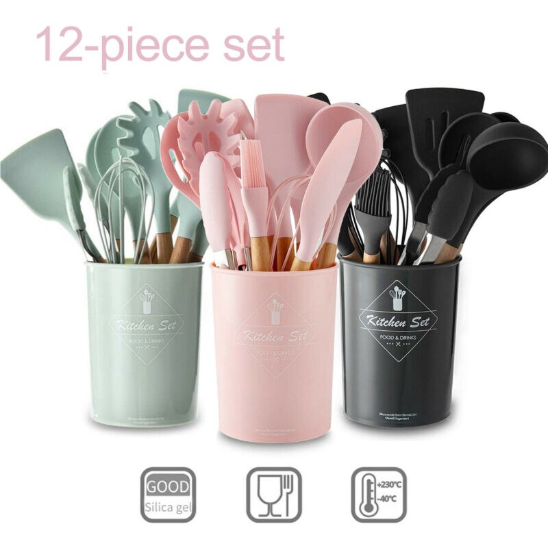 Muestra de juego de utensilios de cocina de silicona moderna 12 Uds mangos de madera espátula de cocina para no Stic