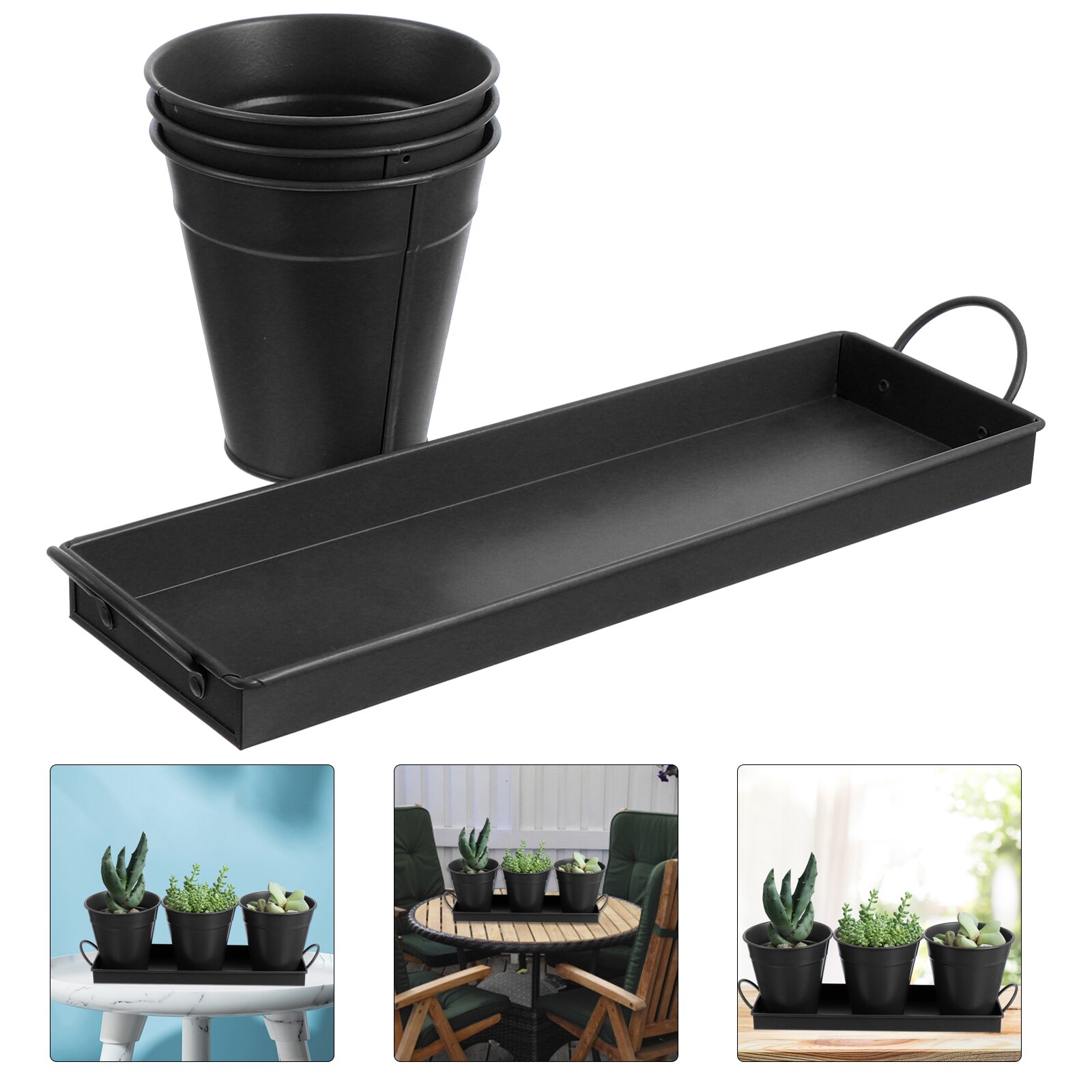 3pc Flower Iron Bucket Planter Pot with Tray Retro Flower Buckets Succulents Pot