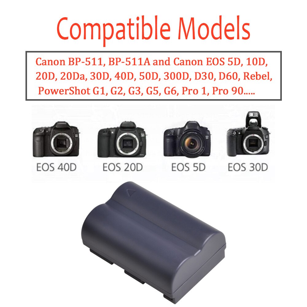 BP-511 BP-511A Battery + LED Dual Charger Type C for Canon EOS 5D 10D 20D 30D 40D 50D D30 D60 G1 G2 G3 G5 G6 Pro 1 Pro 90
