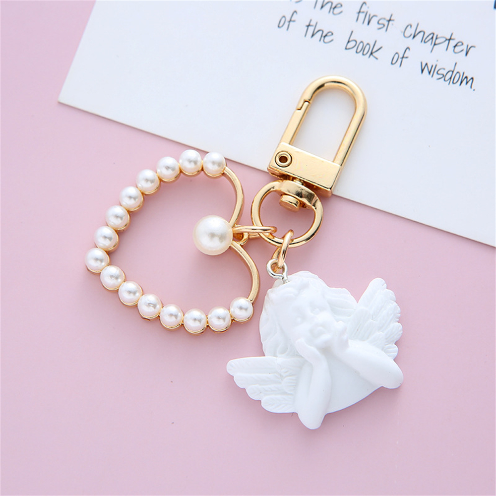 LLavero de Ángel Blanco Vintage para mujer y niña, Mini llavero con forma de corazón de perla, soporte para llavero de coche, joyería con dijes para bolso