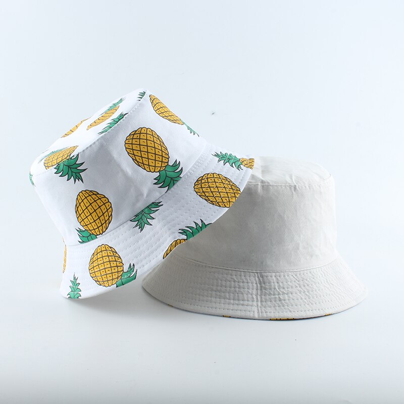 Panama bucket hat menn kvinner sommer bucket cap ananas banan trykk fisker hatt bob hiphop gorros reversibel fiske lue: Ananas hvit