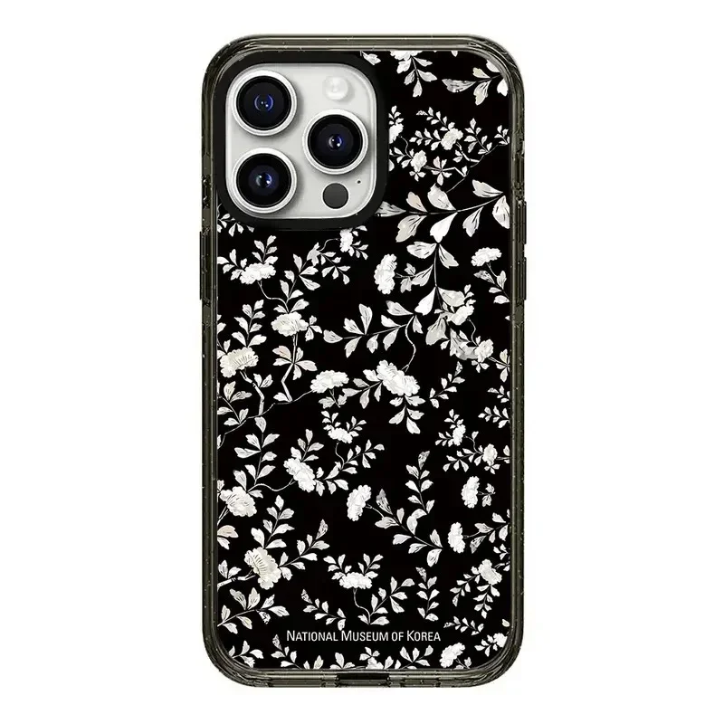 Magnetisk sort frostet telefoncover med blomstermotiv i koreansk museumstil til iphone 13 14 15, 16 pro max: Mikrofiber / Sort