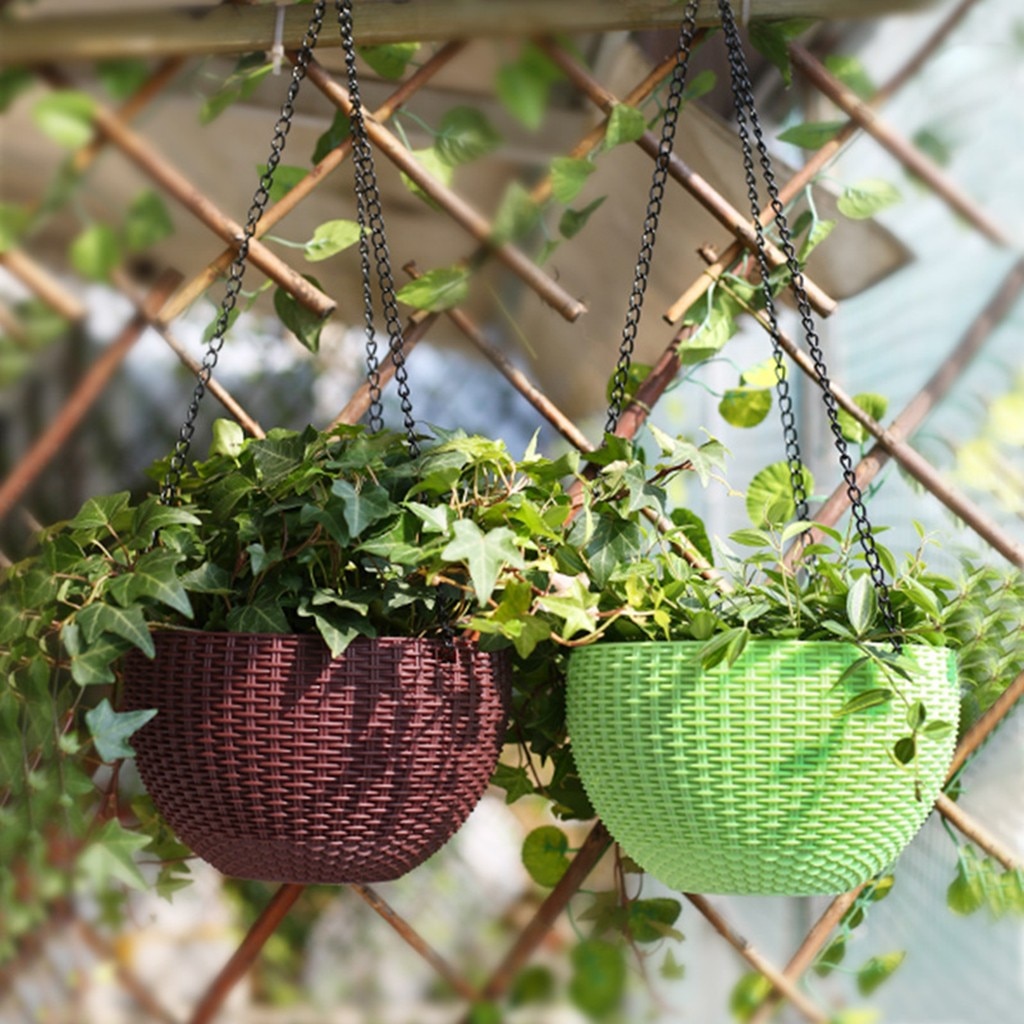 20# Chain Hanging Planter Round Self-watering Basket Automatic Water Supply Flowerpot Resin Woven Wicker Style Flower Pot
