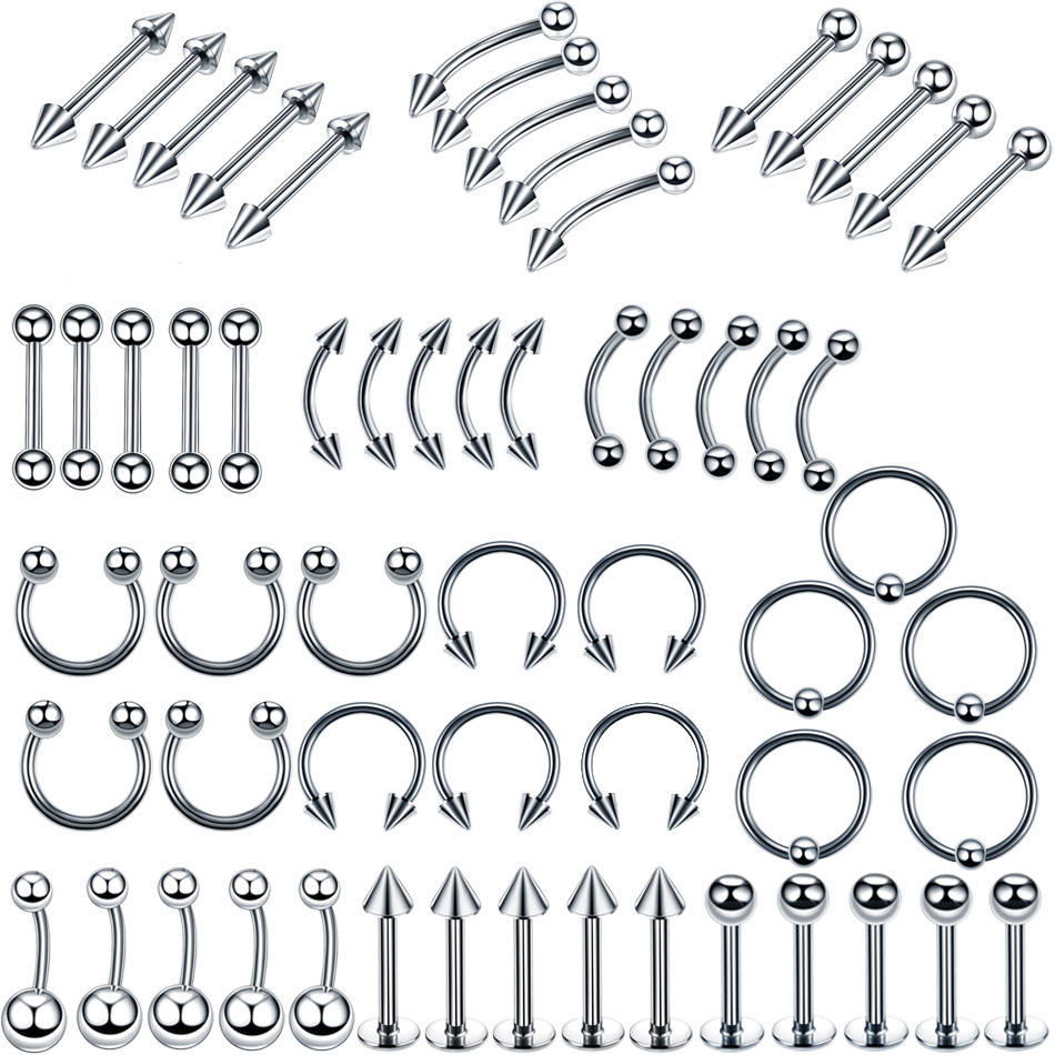 40/60PC/Set 14G Stainless Steel Nose Ear Belly Lip Tongue Ring Captive Bead Eyebrow Bar Piercing Kit Sexy Body Piercing Jewlry: black / Gold-color