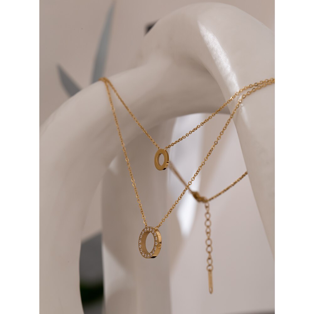 Yhpup Stainless Steel брелок Exquisite Round Hollow Layered Chain Necklace Delicate Shiny Cubic Zirconia Choker Necklace