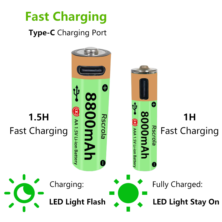 Baterías recargables AA AAA tipo C de alta capacidad, ciclo de larga duración, batería de iones de litio de 8800mAh y 8000mAh que funciona en temperatura extrema