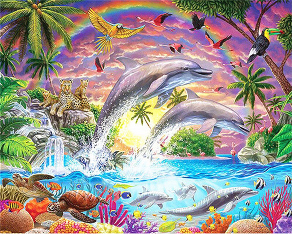 AZQSD Draw By Number On Canvas Dolphin Sunset DIY Pictures Oil Painting By Numbers Animal Home Decor HandPainted: SZGD1-4736