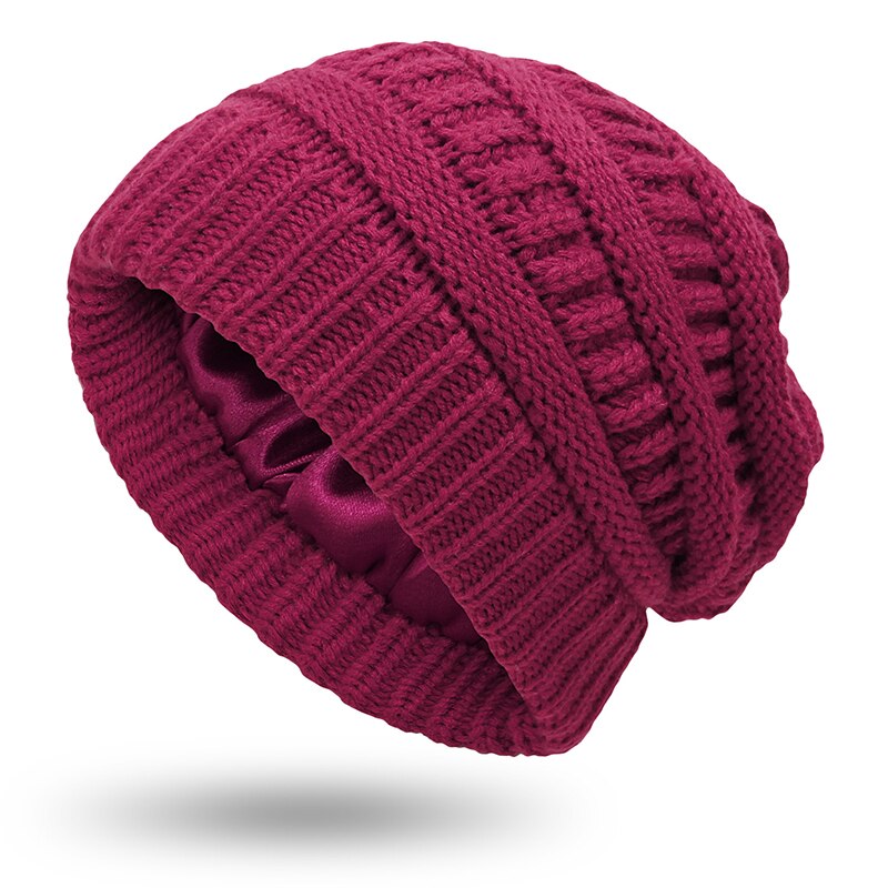 Winter Stricken Woolen Beanie Hüte für Frauen Silk Satin Gefüttert Chunky Kappe Weiche Stretch Kabel Stricken Warme Alle-spiel slouchy Sport Hut: A-wine red