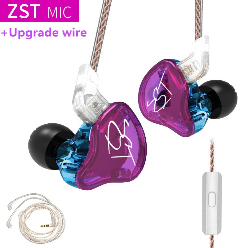 Kz Zst 1BA 1DD In Ear Oortelefoon Hybrid Headset Hifi Muziek Sport Oordopjes Noise Cancelling Oordopjes Vervangen Kabel Zsn Pro ES4 ZS10: purple mic(silver)