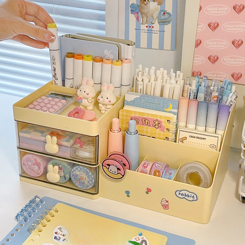 Organizador multifuncional de portalápices Kawaii, caja de almacenamiento de lápices de papelería de escritorio, cajón de escritorio, caja de almacenamiento multicapa Ins bonita