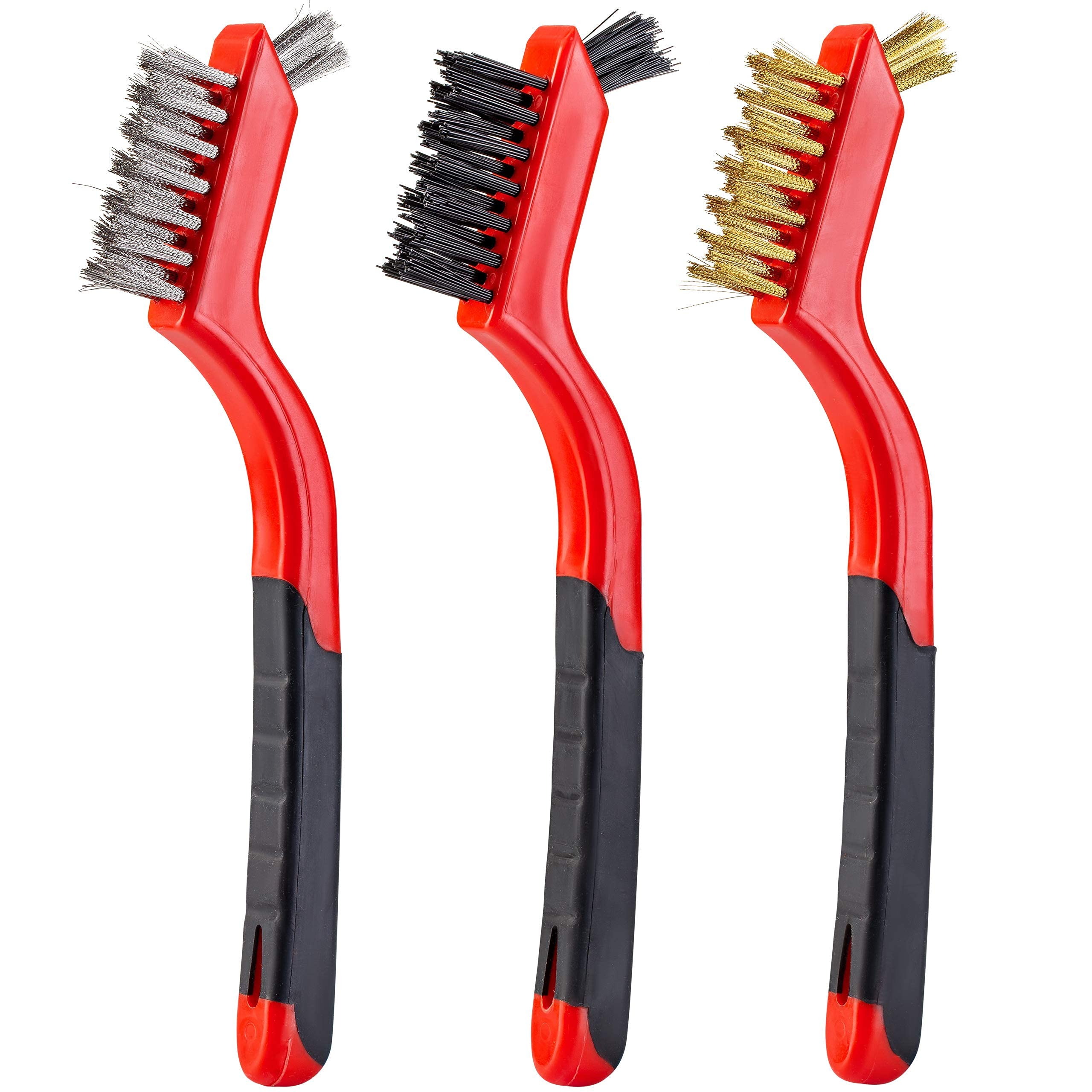 3Pcs Wire Brush Set, Wire Brushes for Cleaning Rust Removal，Brass/Nylon/Stainless Steel Brush with Curved Handle Grip