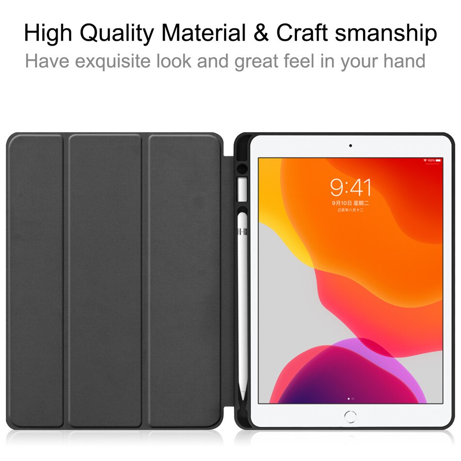 For iPad 7th 10.2" Case A2198 With Pencil Holder Stand Cover For iPad 10.2 Case Auto Sleep / Wake+Screen Protector+pen