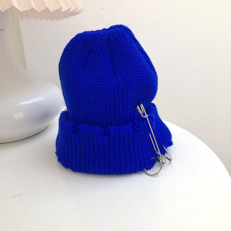 Hole Knitted Hat Doudou Guapi Hat Needle Circle Decoration Personality Hole Hat Solid Color Hip Hop Couple Hat: Dark blue