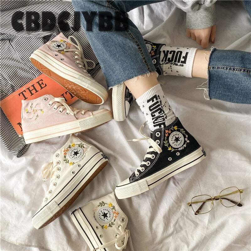 Spring Women Embroidery High Top Canvas Shoes Flat Casual Custom Sneakers skateboarding shoes Student Shoes