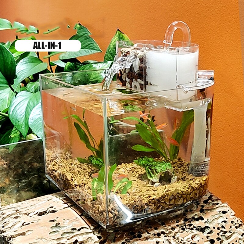 Acrylic Mini Fish Tank Small Ecological Landscape Betta Tropical Fish Aquarium Tanks Water Filtration Home Office Decor: All in 1