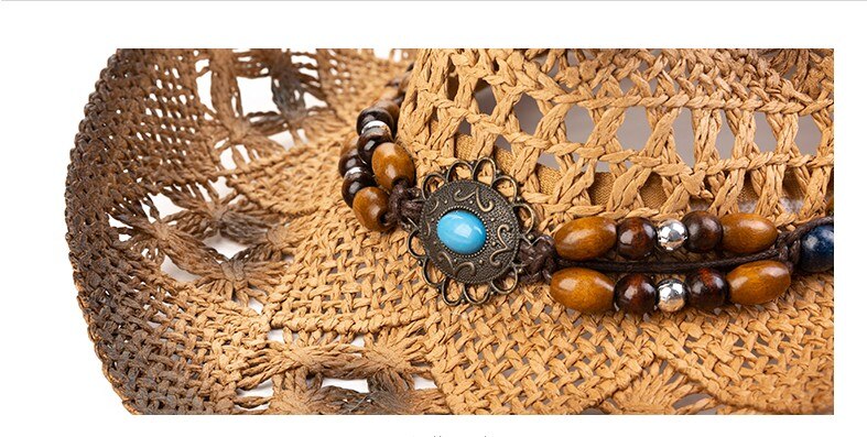 Sombrero de paja estilo vaquero para hombre y mujer, colgante de color turquesa con cuentas de madera, estilo Retro, para verano