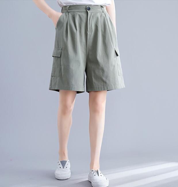 Sommer kæreste cargo shorts kvinder løs elastik talje plus size korte bukser vintage bomuld lange shorts brede ben korte femme: Militærgrøn / Xl