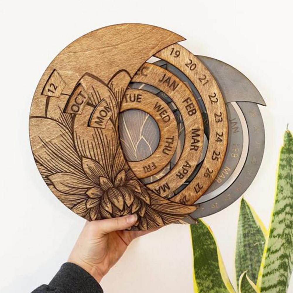 Multifunctional Wooden Calendar Round Perpetual Study Desk Calendar Handicraft Decoration Crafts For Home