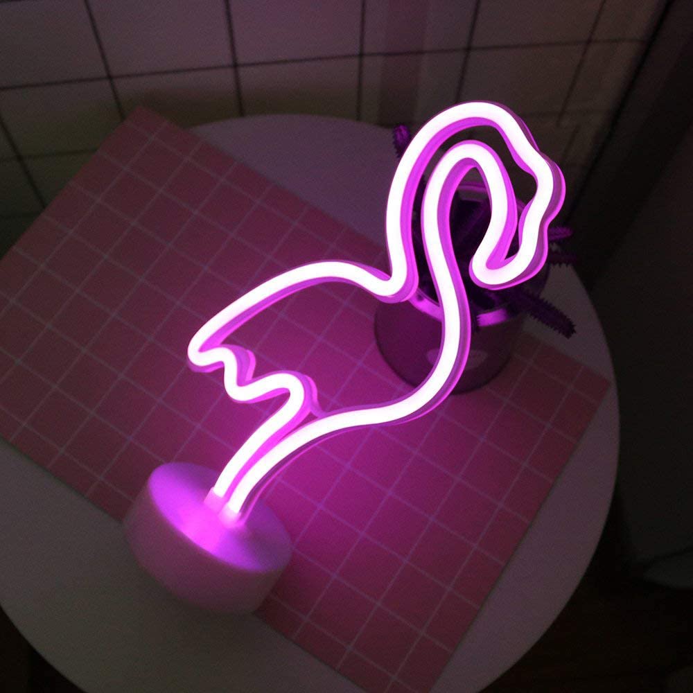 Neonskilt med holder base dekor lys lyserød flamingo natlampe batteri og usb betjent til xmas fødselsdagsfest børneværelse