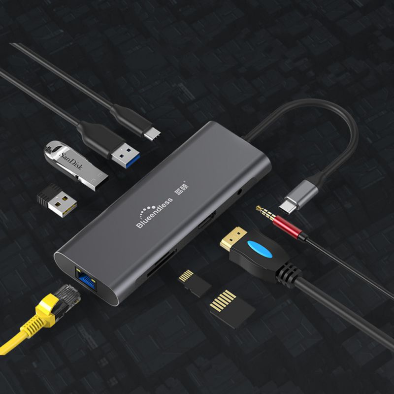 Aluminiumslegering multifunksjonsnav 4k hd usb 3.0 hub 9- i -1 dokkingstasjon usb c hdmi vga ethernet adapter