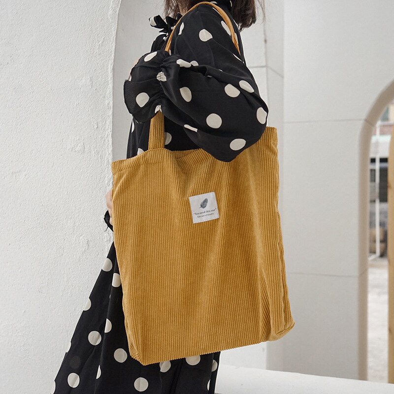 Women Corduroy Shopping Bag Female Canvas Cloth Shoulder Bag Environmental Storage Handbag Reusable Foldable Eco Grocery Totes: Yellow