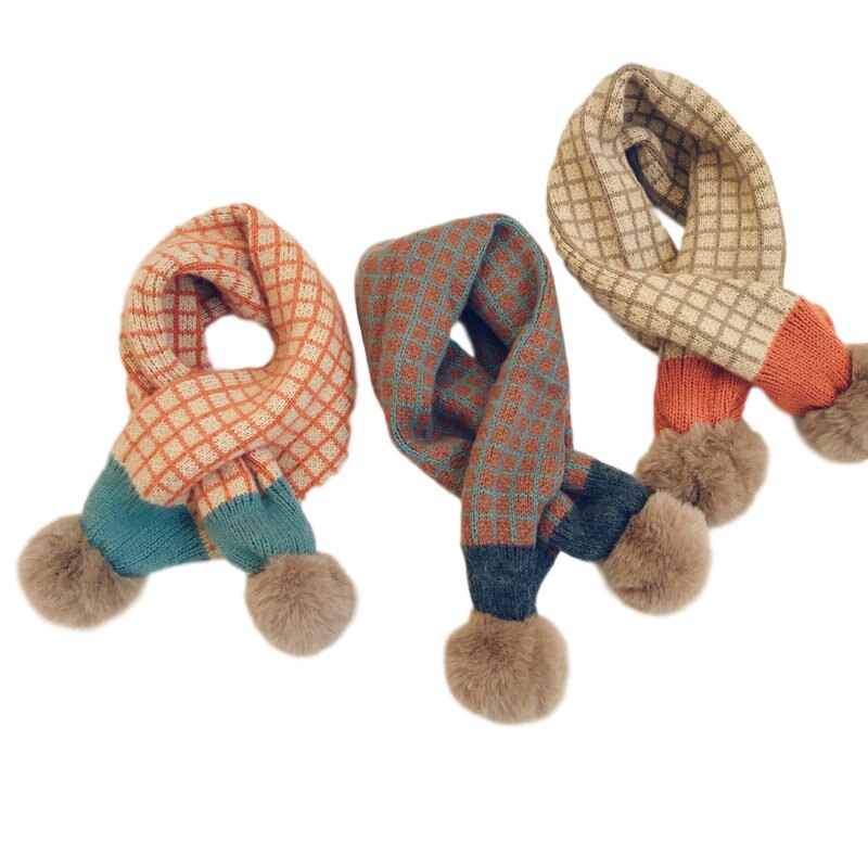 Sciarpa per bambini in pelliccia sintetica per ragazzi ragazze Plaid lavorato a maglia pompon sciarpe per bambini invernali scaldacollo per bambini Unisex sciarpe accessori per bambini