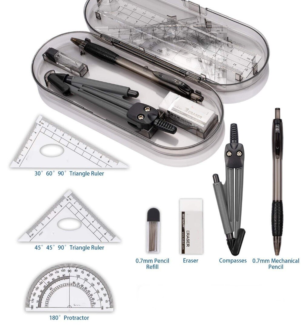 Math Geometry Kit Set 8PCS Student Supplies With Shatterproof Storage Box For Engineering Drawing Compass Protractor Ruler