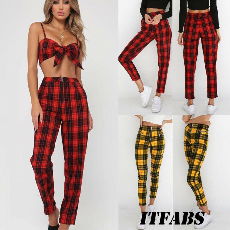 Klassische Plaid Hosen Frauen Reißverschluss Dünne Denim Büro lässig Hohe Taille Jeggings Bleistift Hosen Hosen Streetwear