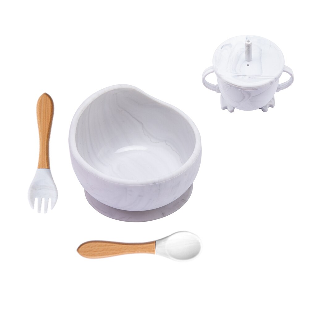Tazón de silicona para bebé, vajilla con ventosa fuerte, taza de paja, tenedor, cuchara con forma de dibujos animados, juego de alimentación para niños sin BPA: A