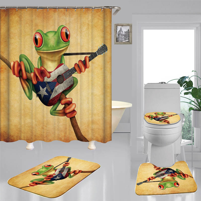 Cartoon gitaar kikker flanel antislip badmat toiletmat douchegordijn met 12 haken badkamerdecoratieset