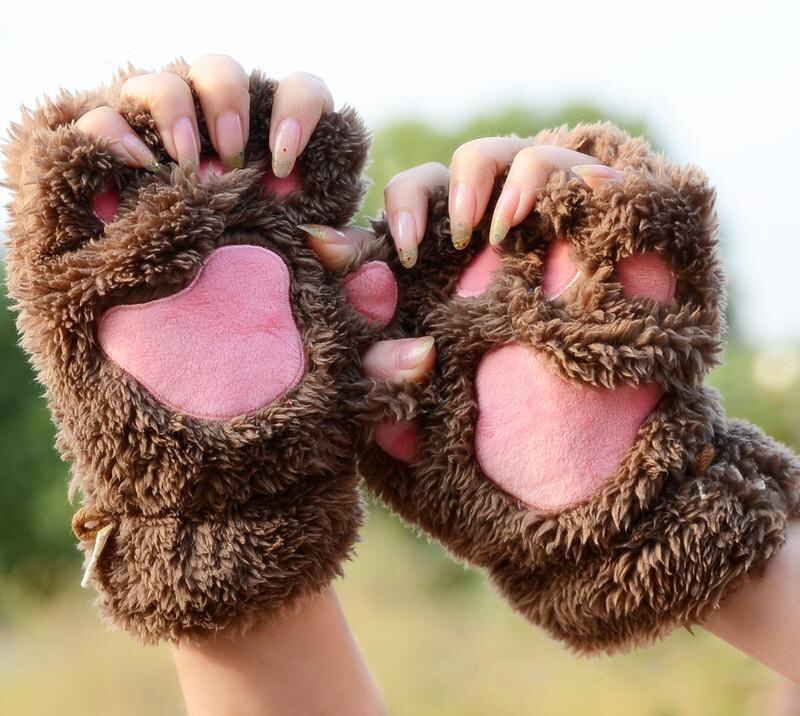 Kvinnor vinter varm katt-pad katt tasshandskar fingerlösa fluffig björn katt plysch tass tjejer cosplay handskar 1 par