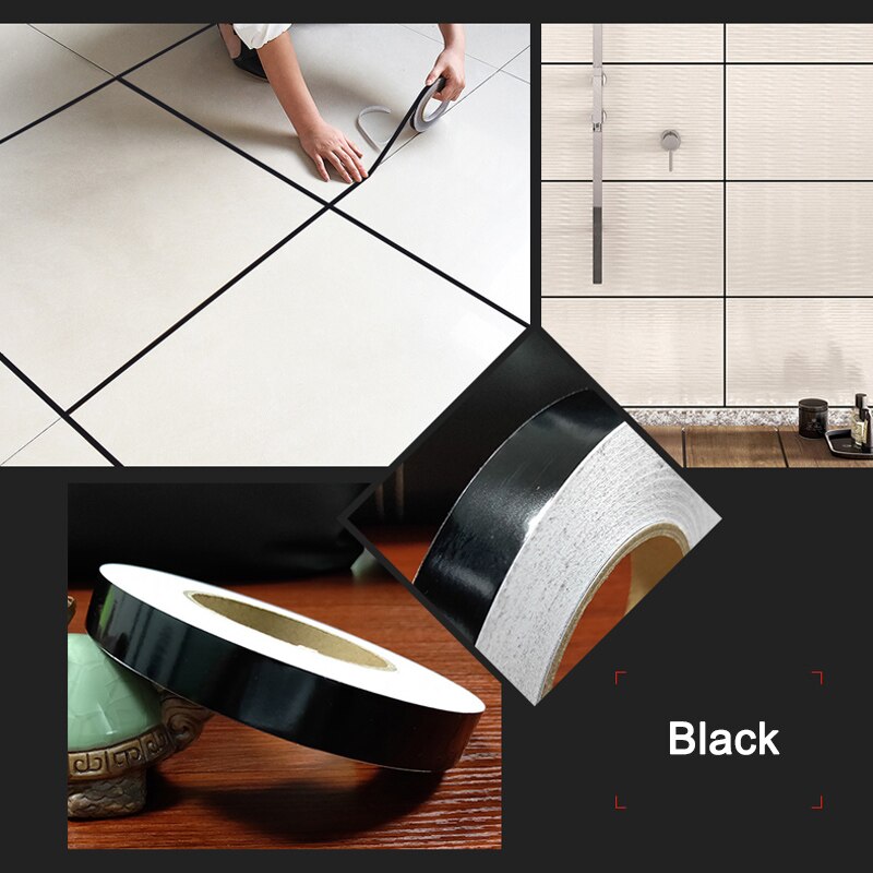 Waterproof Ceramic Tile Mildewproof Gap Tape Tile Gap Sealing Tape Foil Strip Silver Golden Rims DC120: black-M