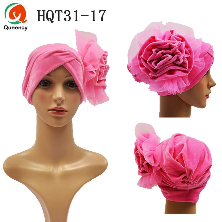 HQT31 Turban Nigeria cravate dames velours Tuban Gele casque musulman arabe Bonnet fleur chapeau pour mariage et fête: pink