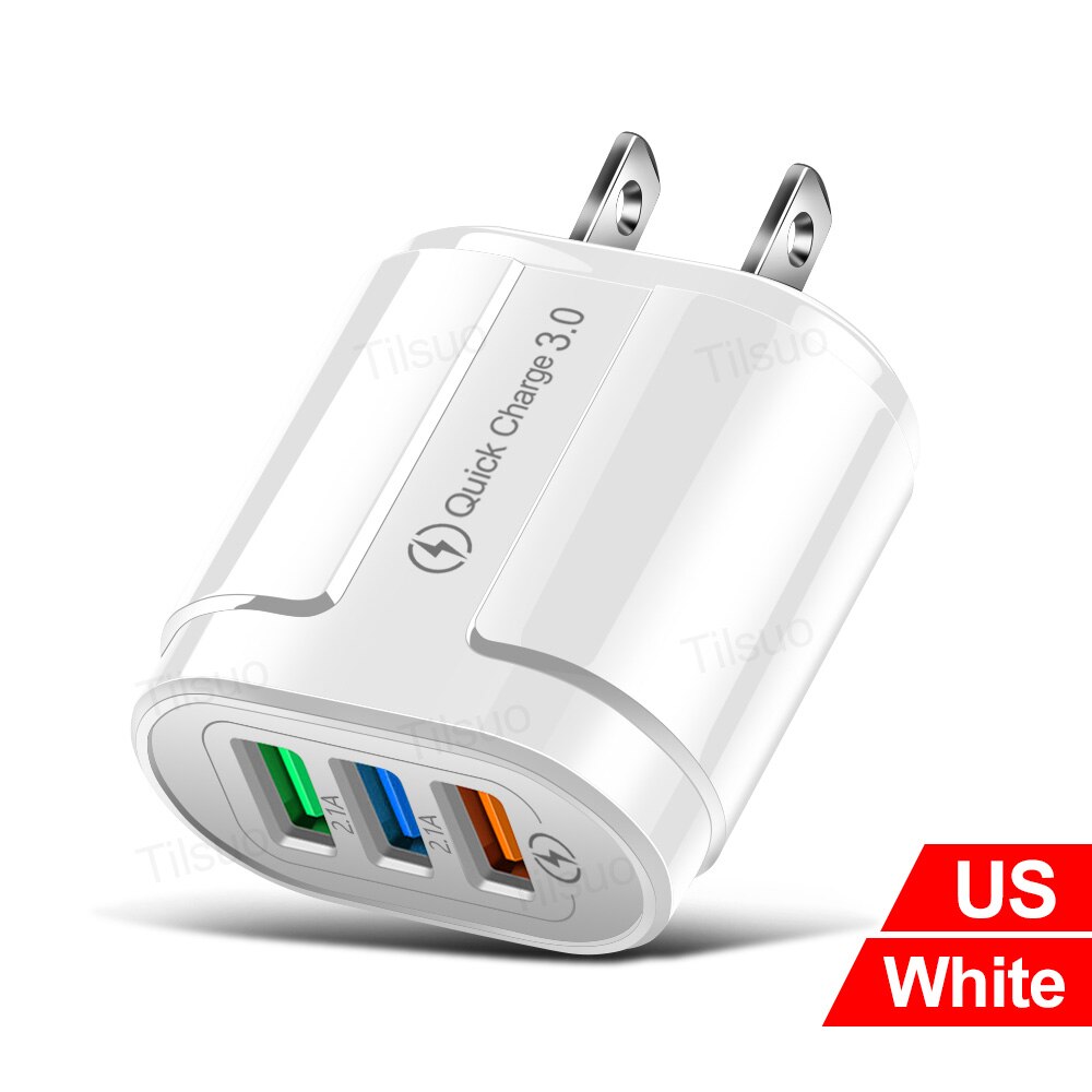 Tisluo USB Charger Quick Charge 3.0 Universal Wall Mobile Phone Charger for iPhone Samsung Xiaomi 3 Port Fast Charging Adapter: US White