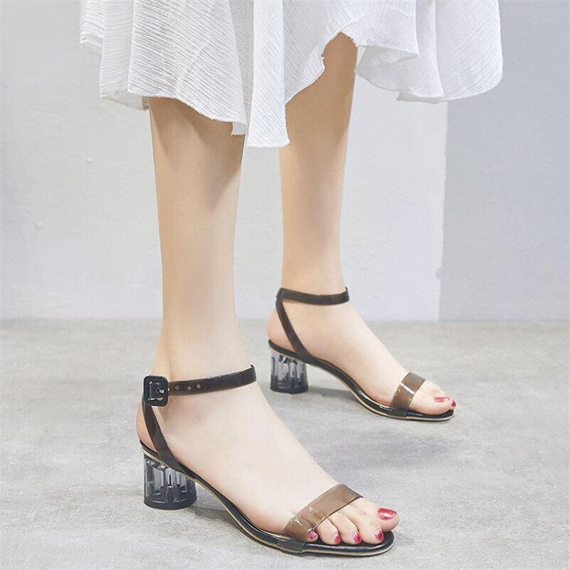 Women Sandals Ankle Strap Perspex High Heels PVC Clear Crystal Concise Classic Buckle Strap Shoes size34-40: Black / 34