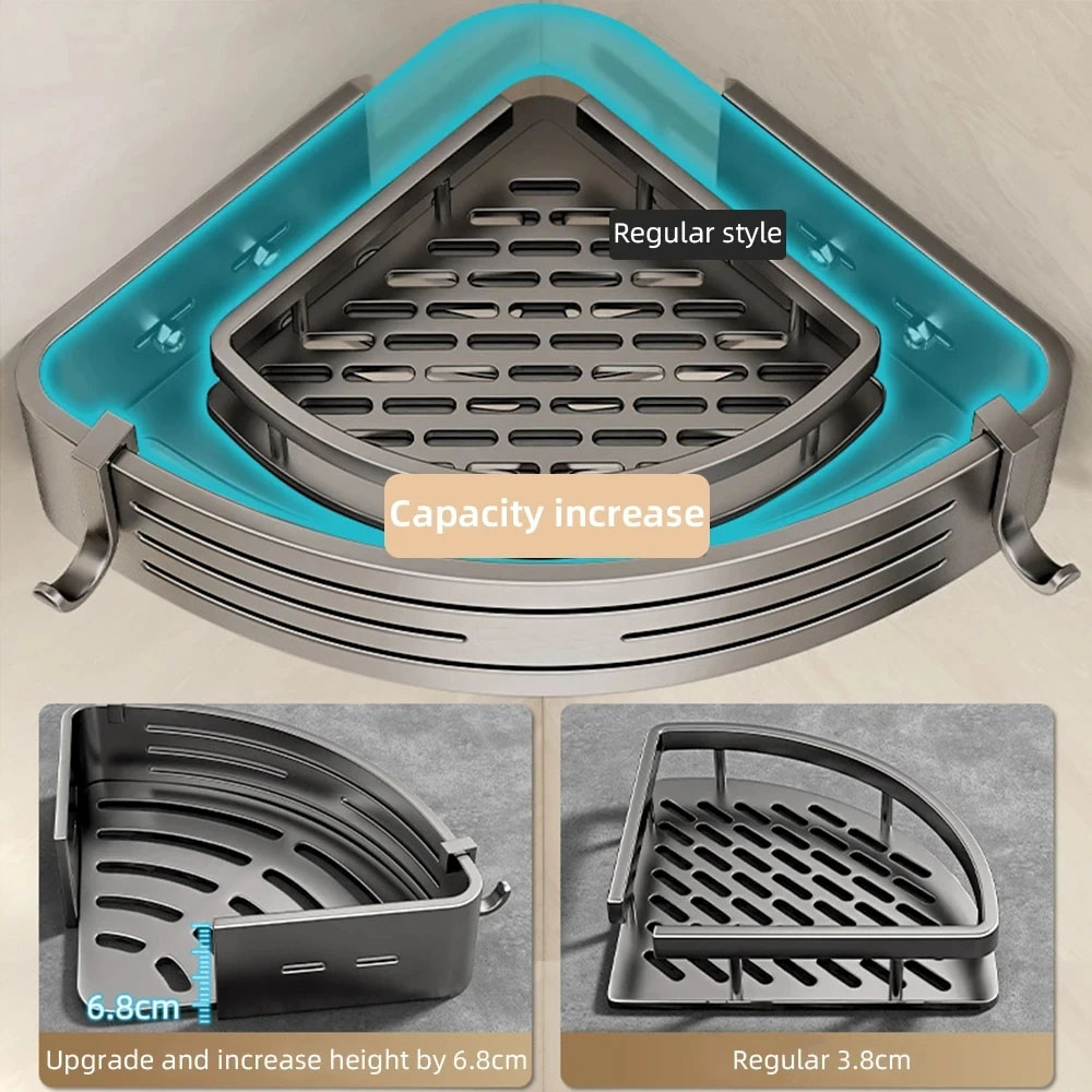 Estante esquinero para baño sin taladro, estantes esquineros para ducha montados en la pared con gancho, barra de toalla, estante organizador de baño de aluminio espacial