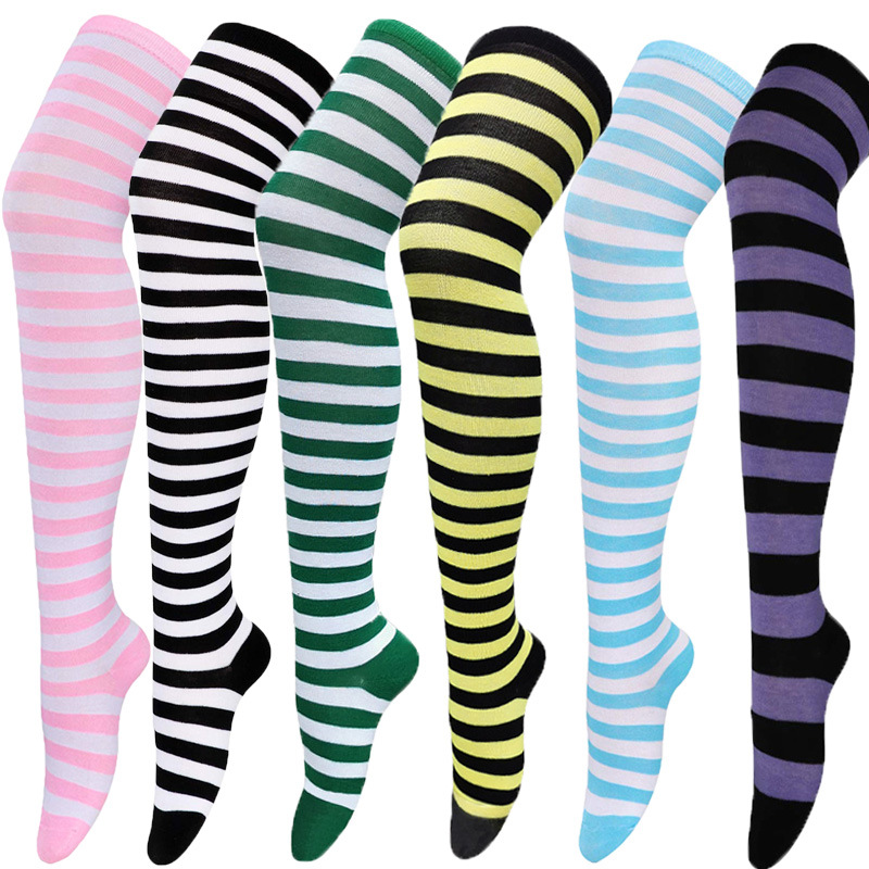 Calze a righe colorate Calzini sopra il ginocchio giapponesi Moda donna Mantieni caldi Soks Calze lunghe sottili sexy Calze a righe bianche nere