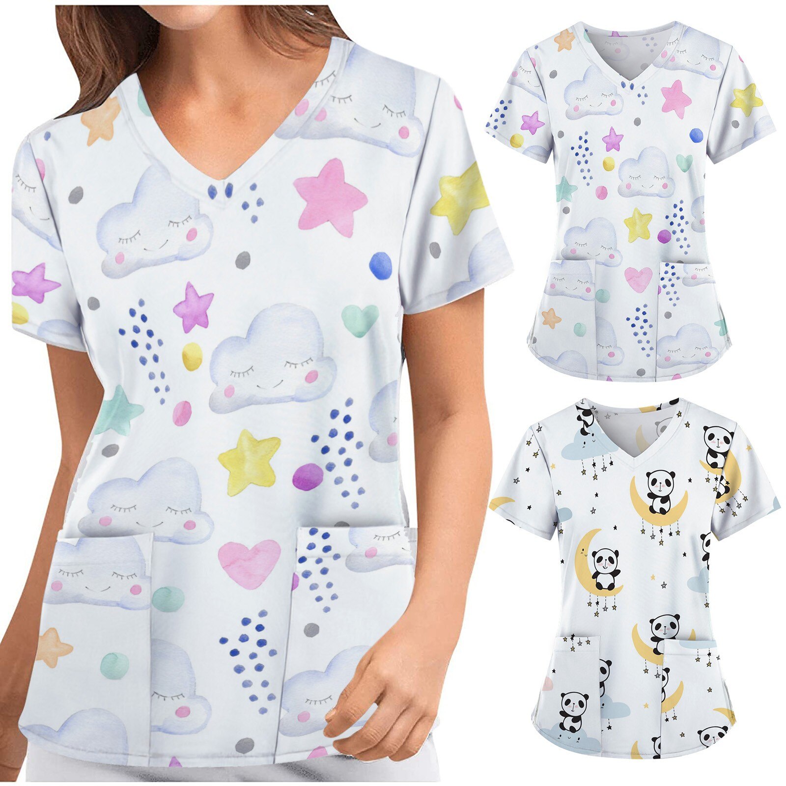 #E05 Female Nurse Uniform Short-sleeved V-neck Tops T Shirt Women Scrubs Uniforms Pocket Nursing Scrubs Tops Медицинская Одежда