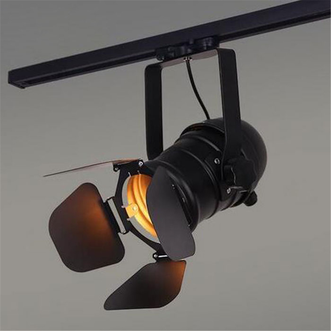 Luz de trilho vintage e27, luz de trilho industrial loft, lâmpada de trilho preta com barndoor, iluminação de loja de roupas