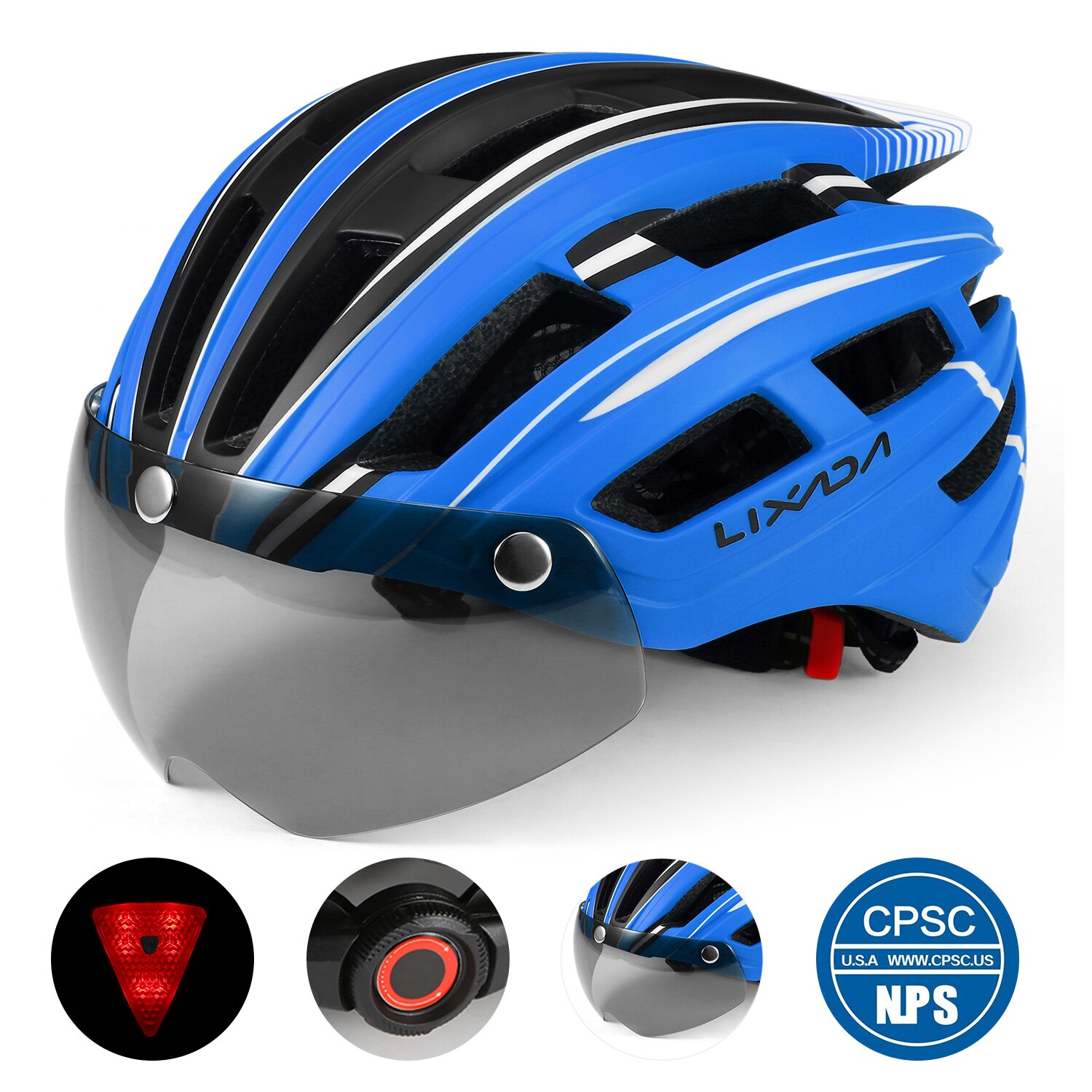 Lixada Mountain Bike Helmet Adjustable Bicycle Motorcycle Helmet with Back Light Detachable Magnetic Visor UV Protective Unisex: Blue  black