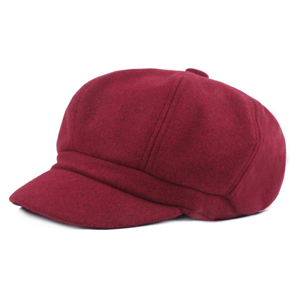 Vintage Temperament Ladies Woolen Octagonal Cap Popular Newsboy Cabbie Cap Casual Universal Beret Hat: wine red