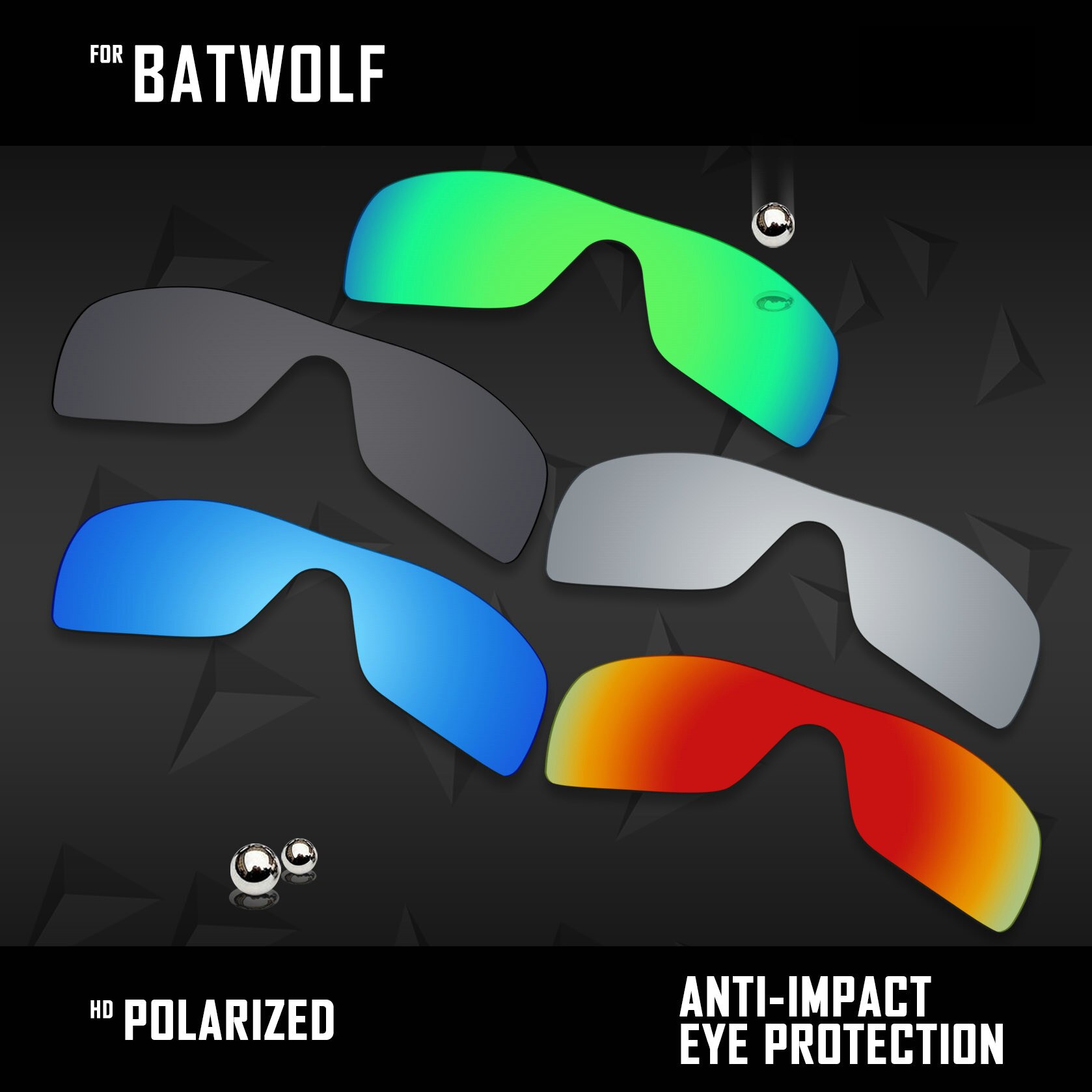 Oowlit 5 stk. polariserede solbriller udskiftningslinser til oakley batwolf  oo9101- sort & sølv & isblå & ildrød & grøn