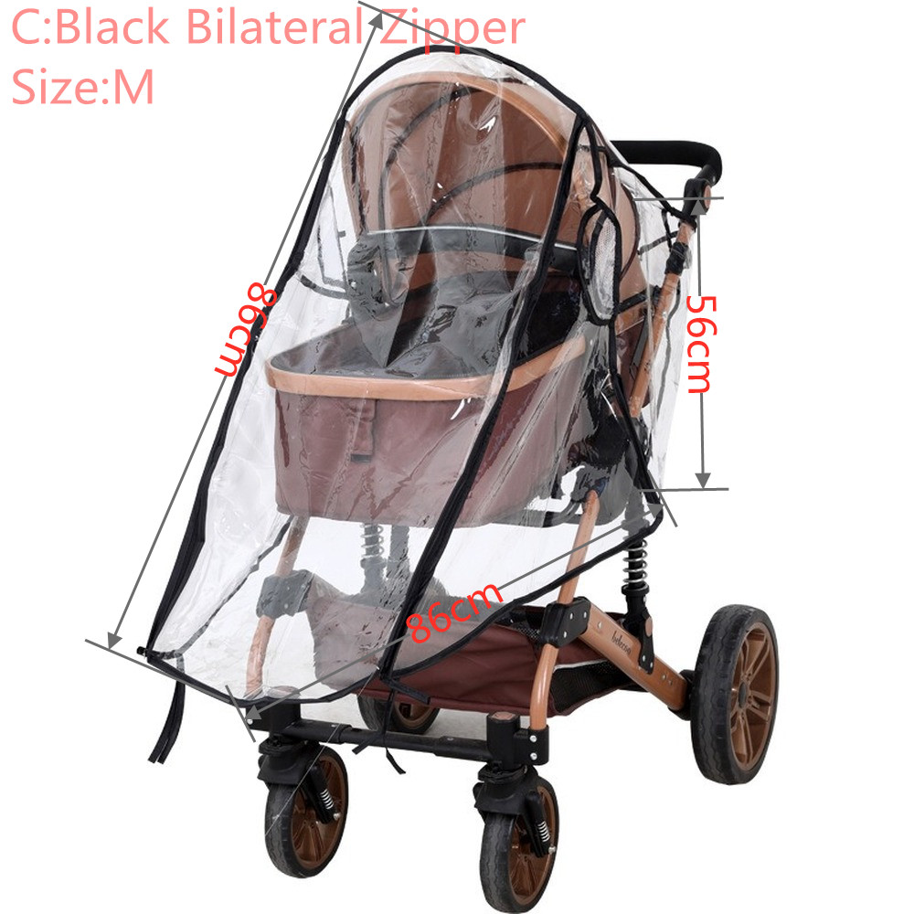 Waterproof Rain Cover Transparent Wind Dust Baby Strollers Pushchairs Raincoat S/M/L Shield Zipper Open Stroller Accessories: C-Black Zipper M