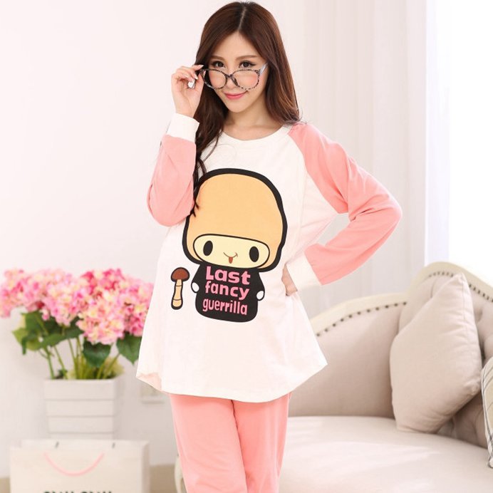 Spring Cotton Pajamas Cotton Feeding Home Furnishing Maternal Lactation Month Long Sleeved Suit Suit Mushroom Head