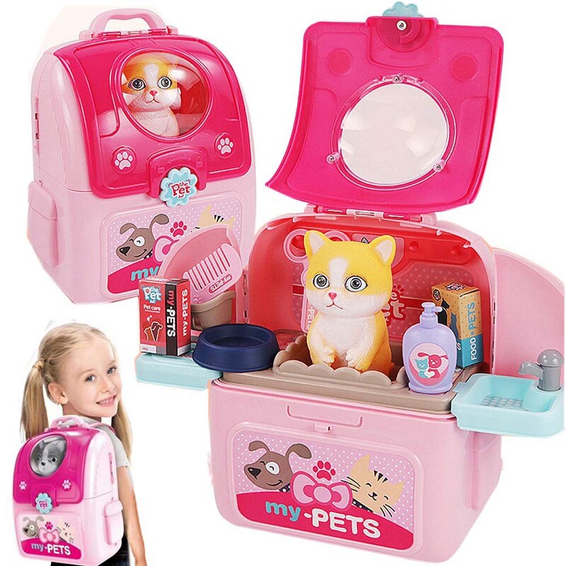 Kids Pet Pretend Play Toy Playset Simulation Portable Backpack Pet Care Toy Early Age Development Educational Toy