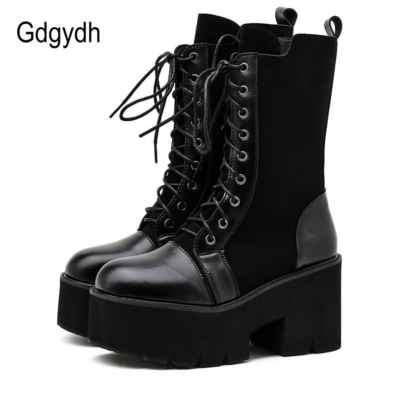 Gdgydh-Botas de estilo gótico para mujer, zapatos femeninos con plataforma de tacón, de cuero negro, botas de media caña con cordones,