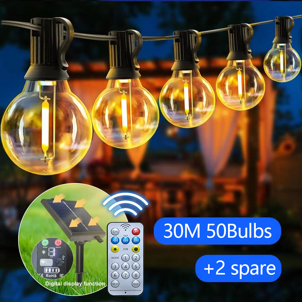 LED G40 Solar String Lights with Remote Control and Weatherproof Globe Bulbs Solar Charge Garland String Lights for Garden Decor: sunny yellow
